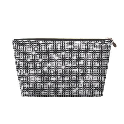 Fores Gold Leather Travel Toiletry Bag - Versatile Silver Sequin Sparkle Pattern Cosmetic Makeup And Accessories Organizer, Zipper Pouch