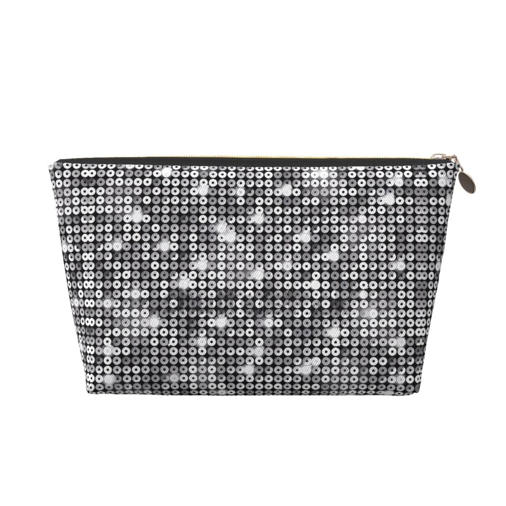 Fores Gold Leather Travel Toiletry Bag - Versatile Silver Sequin Sparkle Pattern Cosmetic Makeup And Accessories Organizer, Zipper Pouch