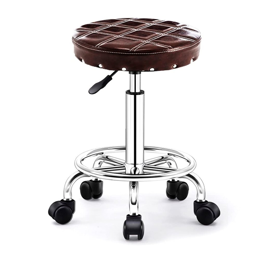 SGeneE Round Rolling Swivel Stool with Wheels and Thicker Comfortable Seat, Adjustable Height PU Leather Stool Office Shop Stool with Footrest Massage SPA Hairdressing Stoo BlackBrown