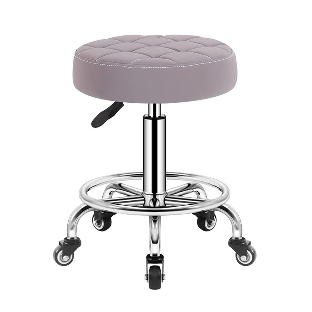 SGeneE Swivel Massage Salon Stool with Footrest, Round Rolling Stool Beauty Spa Chair, Adjustable Height PU Leather Bar Stool for Hairdressing Manicure Tattoo Barber Hairdr GreyA