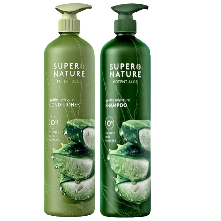 (1 PACK) Super Nature Potent Aloe Moisturizing (1) Shampoos and (1) Conditioners, 30 fl oz + XALEZ TM Microtex Towel, Bronze