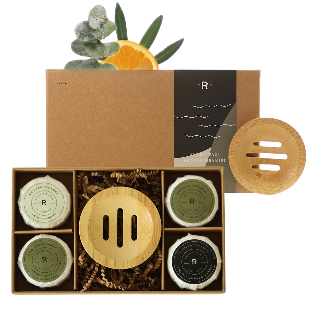 Shower Steamers, Gift Set, Self Care, Made in USA, Gifts for Women, Gifts for Men, Bridesmaid Gifts, Self Care, Hostess Gifts (Variety Pack with Bamboo Plate)
