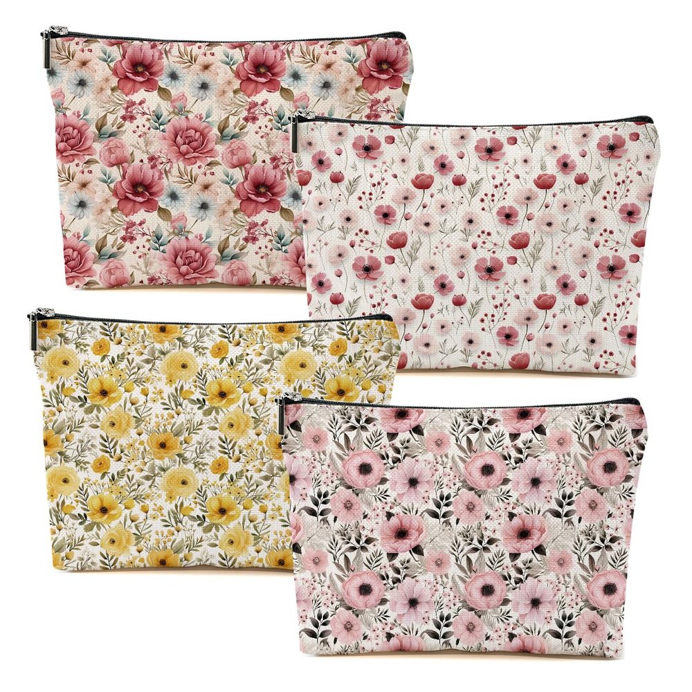 DHKG 4 Packs Watercolor Pink Yellow Flowers Makeup Bag Floral Cosmetic Bag Friend Friendship Gifts for Women Girls Bestie Botanical Travel Organizer Zipper Pouch Christmas Thanksgiving Birthday Gifts