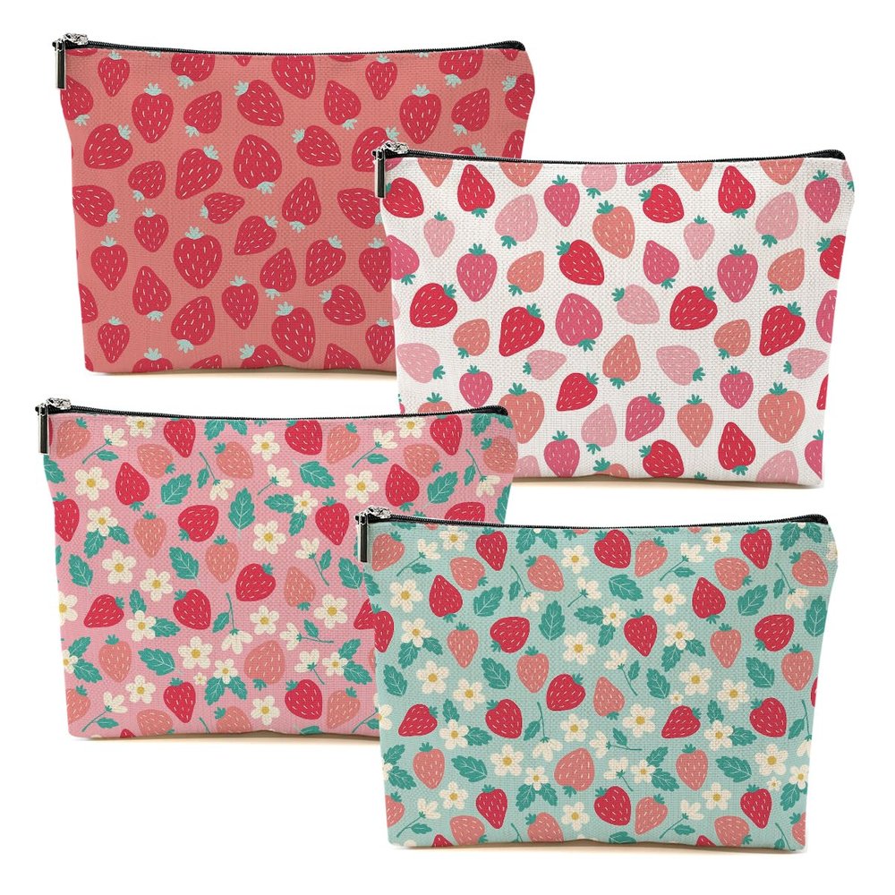 4 Packs Cute Flowers Strawberry Makeup Bag Floral Cosmetic Bag Friend Friendship Gifts for Women Girls Sister Coworker Botanical Travel Organizer Zipper Pouch Christmas Thanksgiving Birthday Gifts