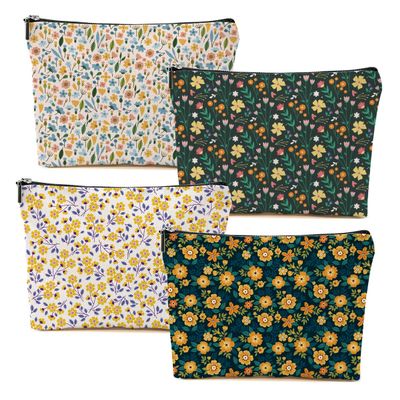 4 Packs Cute Flowers Makeup Bag Floral Wildflower Cosmetic Bag Friend Friendship Gifts for Women Girls Sister Coworker Botanical Travel Organizer Zipper Pouch Christmas Thanksgiving Birthday Gifts