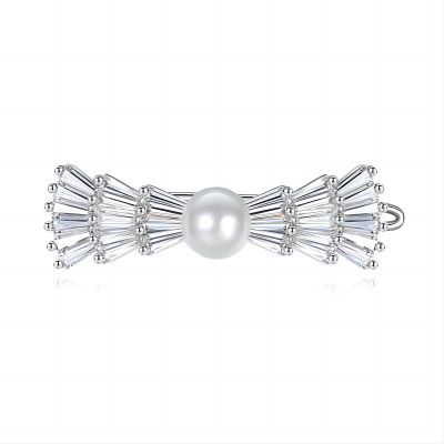 925 Sterling Silver Pearl Hair Clip, Women's Sterling Silver Frog Clasp Zirconia Hair Clip