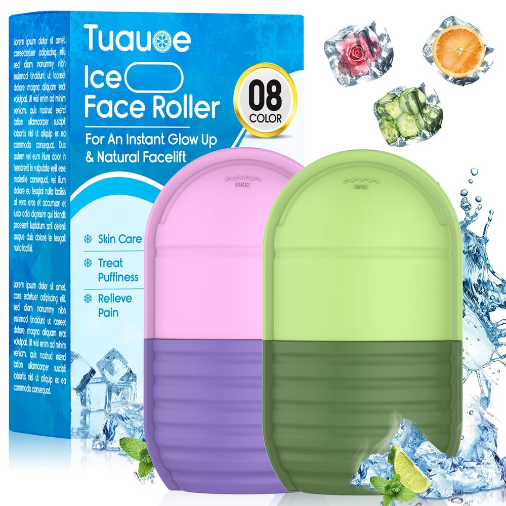 2Pcs Ice Roller for Face, Ice Face Roller, Reusable Silicone Ice Mold for Face, Facial Beauty Ice Roller Skin Care Tools for Shrink Pores Anti Wrinkle Reduce Puffiness (Green + Purple)