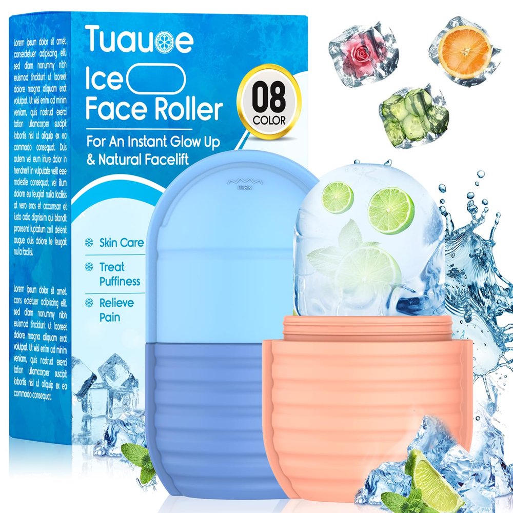 2Pcs Ice Roller for Face, Ice Face Roller, Reusable Silicone Ice Mold for Face, Facial Beauty Ice Roller Skin Care Tools for Shrink Pores Anti Wrinkle Reduce Puffiness (Blue + Pink)