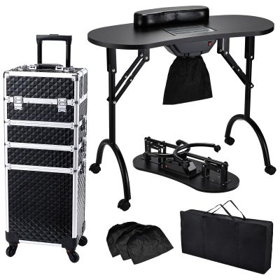 Faquenc Foldable Nail Table Manicure Desk with Dust Collector + 4 in 1 Rolling Makeup Train Case for Mobile Stylist Artists Nail Salon Cart Trunk Black