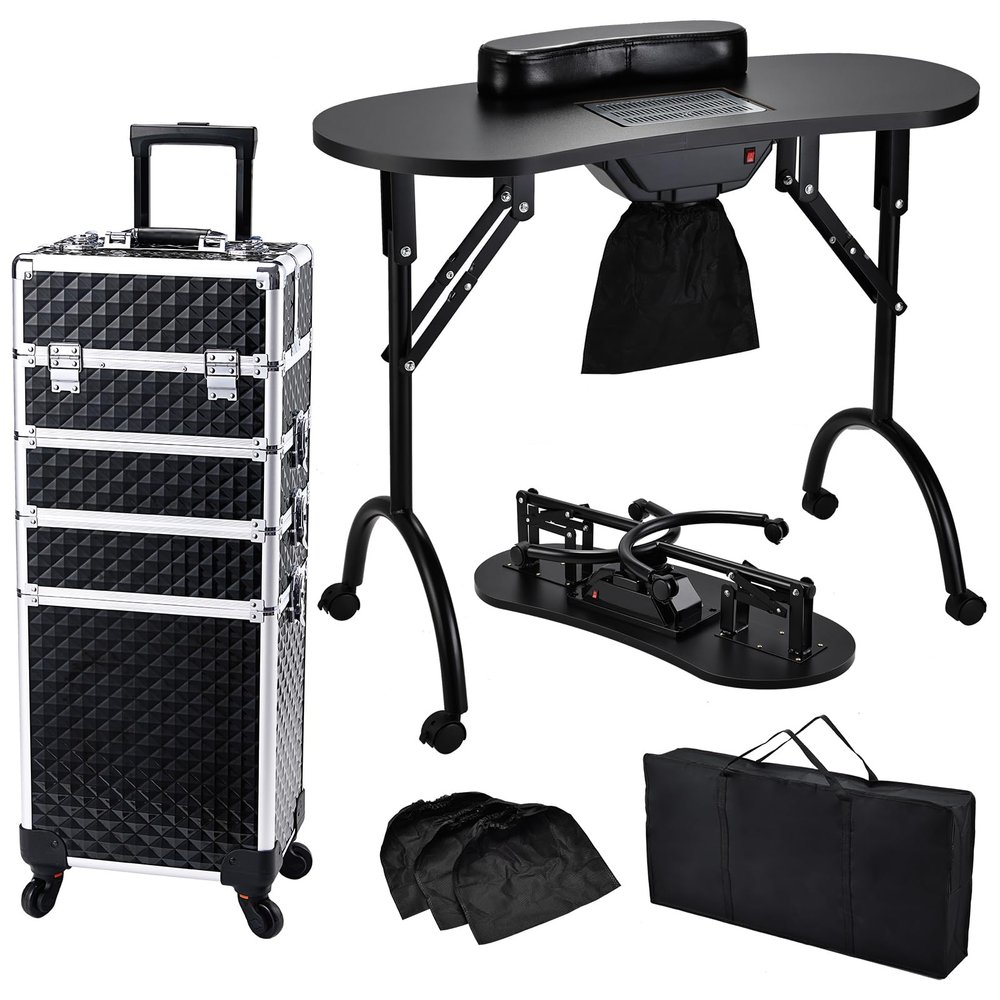 Faquenc Foldable Nail Table Manicure Desk with Dust Collector + 4 in 1 Rolling Makeup Train Case for Mobile Stylist Artists Nail Salon Cart Trunk Black