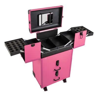 Hanmorfarbi Rolling Makeup Train Case, Cosmetic Trolley Organizer, Travel Case Lockable Salon Barber Case Traveling Cart Trunk with 4 universal Wheels (2 with brakes), 4 retractable trays (Rose)