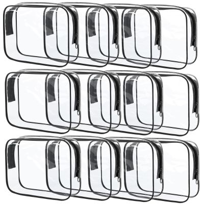 12 Pcs Clear Cosmetic Bag PVC Waterproof Zippered Clear Toiletry Carry Pouch Cosmetic Makeup Bag for Women Men Vinyl Plastic Organizer Case for Vacation Bathroom (Large, Black)