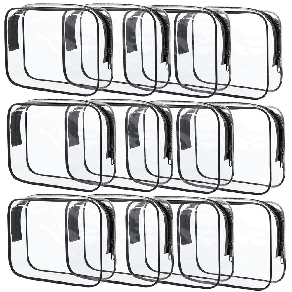 12 Pcs Clear Cosmetic Bag PVC Waterproof Zippered Clear Toiletry Carry Pouch Cosmetic Makeup Bag for Women Men Vinyl Plastic Organizer Case for Vacation Bathroom (Large, Black)
