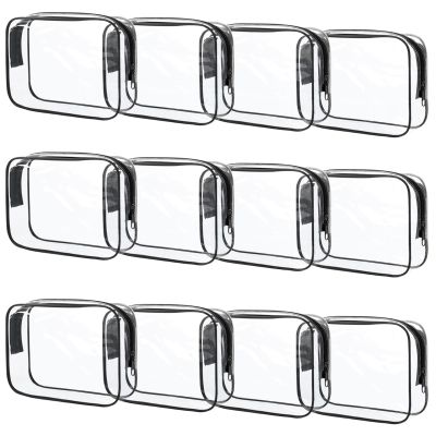 12 Pcs Clear Makeup Bag PVC Waterproof Zippered Clear Cosmetic Toiletry Makeup Carry Pouch for Women Men Vinyl Plastic Organizer Case for Vacation Bathroom (Small, Black)