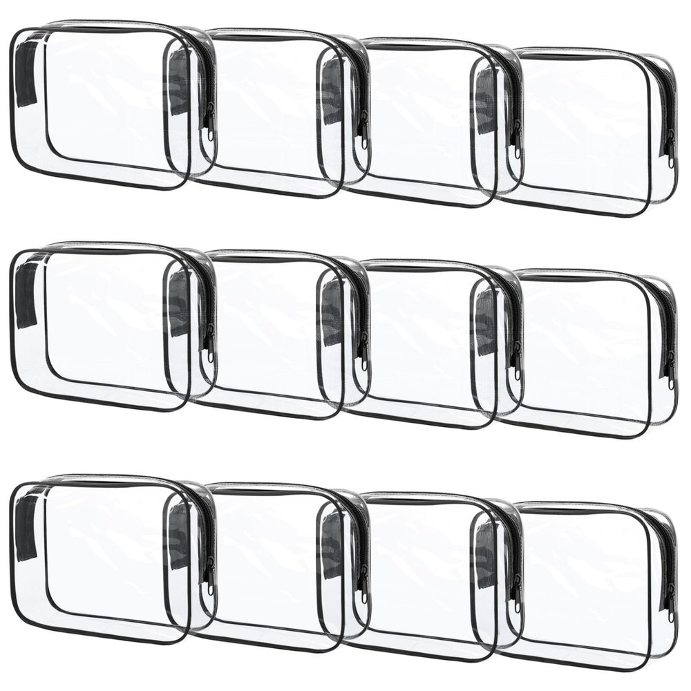 12 Pcs Clear Makeup Bag PVC Waterproof Zippered Clear Cosmetic Toiletry Makeup Carry Pouch for Women Men Vinyl Plastic Organizer Case for Vacation Bathroom (Small, Black)