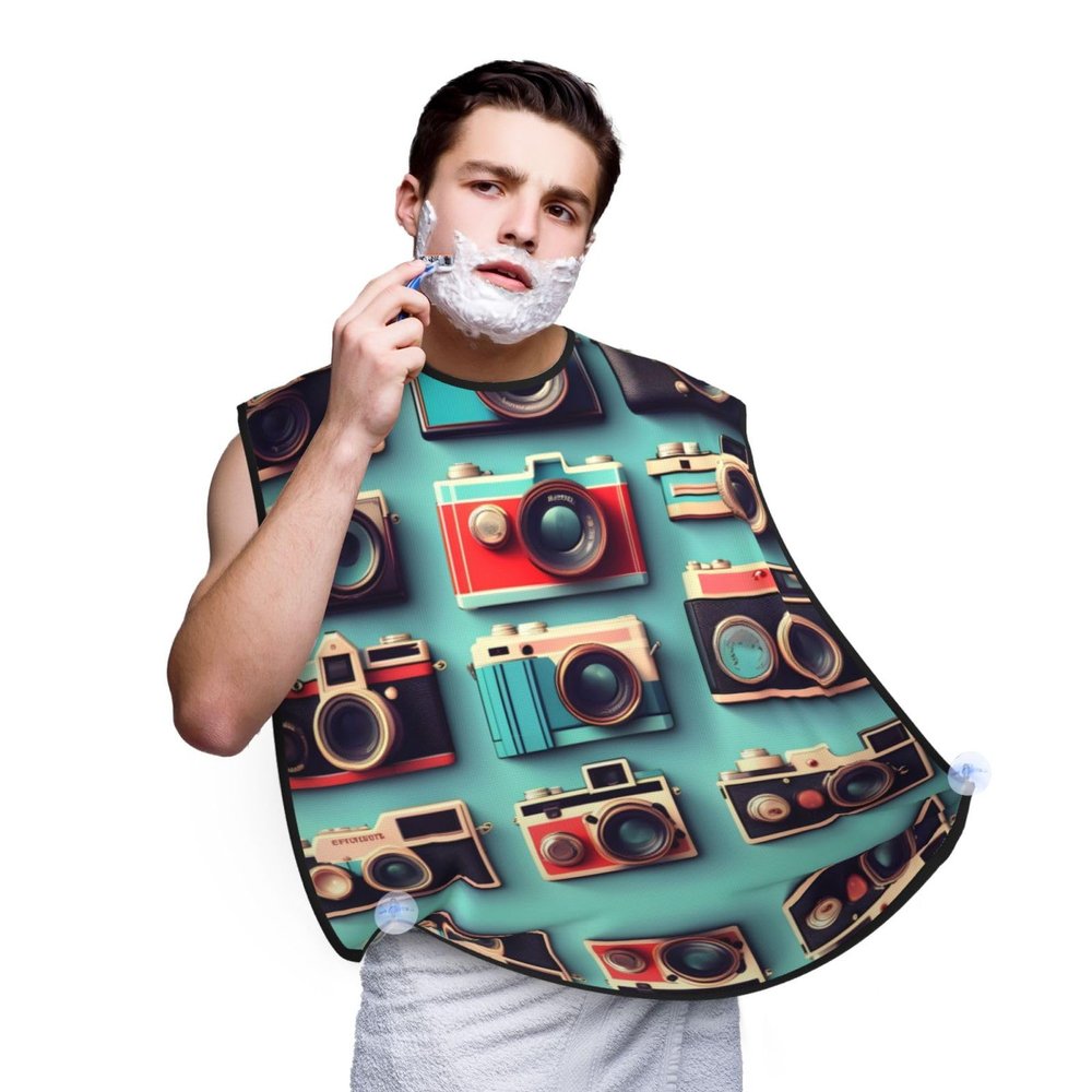 NOUZU Retro Cool Camera Collection Print Beard Bib Apron For Men, Beard Hair Catcher For Men Shaving Trimming,Beard Cape Cloth, Black