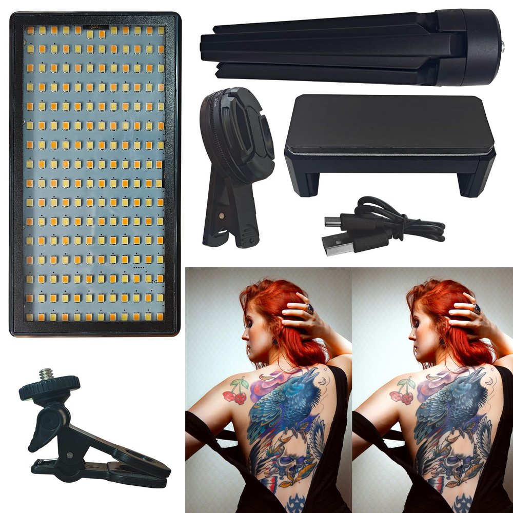 LED Rechargeable Tattoo Fill Light - Tattoo Photography Aid - 192 Lamp Beads, Circular Polarizer Filter, Kit