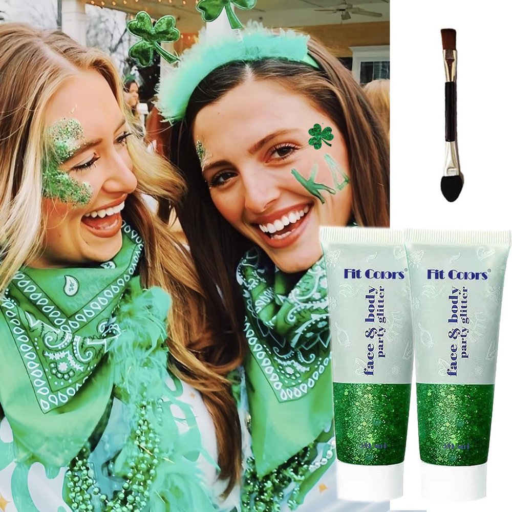 Body Glitter Face Glitter Gel: St Patricks Day Chunky Hair Glitter for Women Kids,Self-Adhesive Holographic Green Accessories Irish Parade Makeup,Spirit Day Wear,Alien Costume (2 Green)