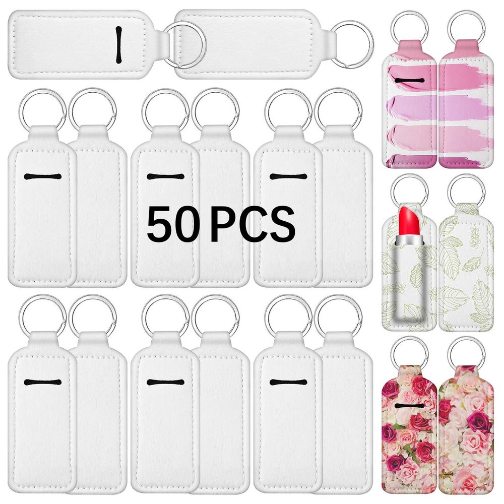 50 PCS Sublimation chapstick holder blanksbulk neoprene lip balm holder keychainNeoprene Clip-on Sleeve Travel Key Ring Holder DIY sublimation blanks products