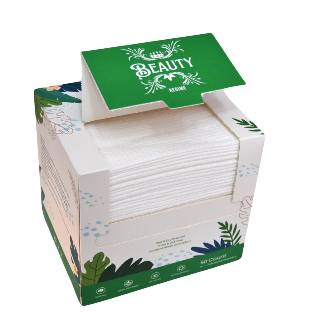 BEAUTY-REGIME Clean Face Towels XL/World's First 100% Biodegradable Face 10"12" Towels/Disposable Makeup Removal Wipes/Clean Face Cloths for Sensitive Skin, Super Soft 50 Count, Single Box (1 Pack)