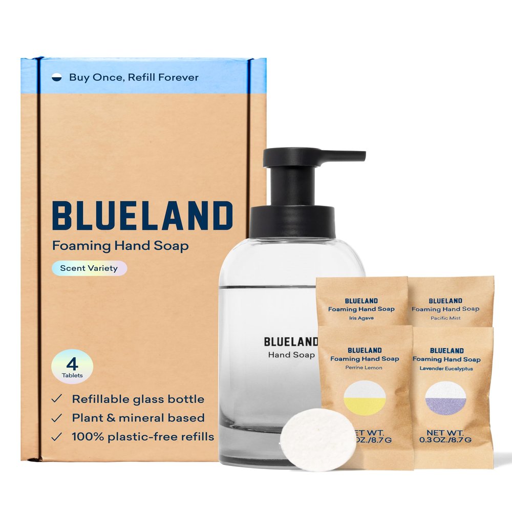BLUELAND Hand Soap Starter Set, 1 Refillable Glass Foaming Hand Soap Dispenser in Slate with 4 Refill Tablets, Variety Scents, 4 x 9 Fl oz
