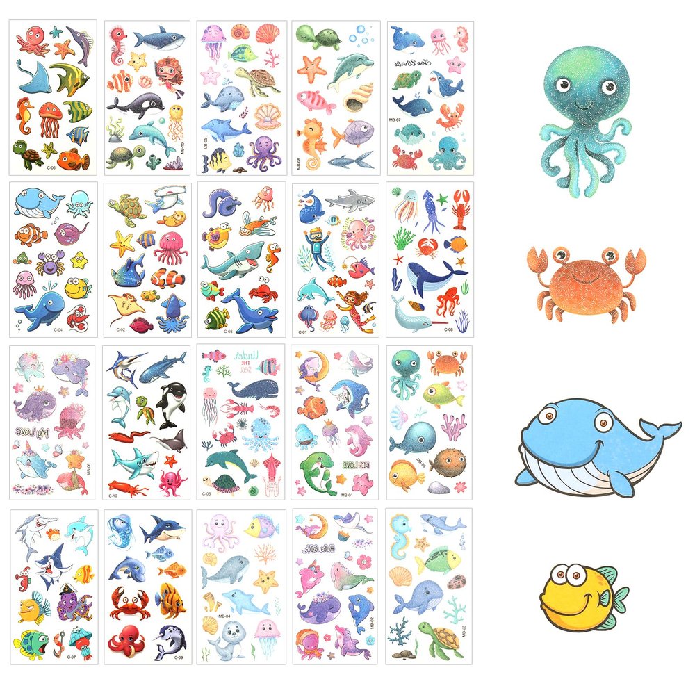 20 Sheets Ocean Temporary Tattoos, More than 210 Styles Marine Creature Cartoon Tattoos Sticker Waterproof Glitter Ocean Sea Animals Temporary Under the Sea Tattoos for Kid Beach Party Decorations