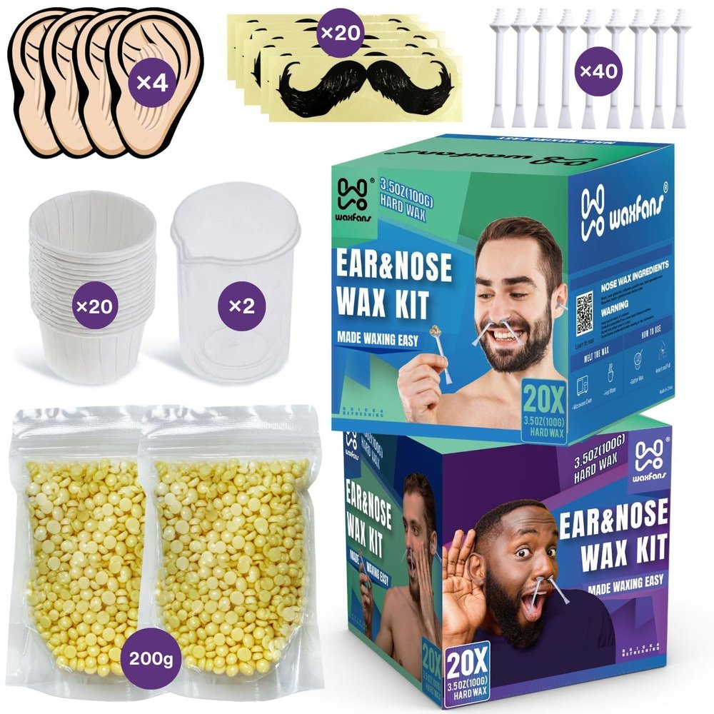 Waxfans Nose and Ear Hair Removal Kit for Men and Women - 200g Wax for 20 Uses, Long-lasting for 4 Weeks (Purple&Blue)