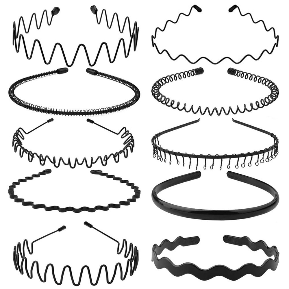KELUBATU Metal Hair Band, Metal Fashion Hair Bands, Unisex Black Headbands, Wavy Headband Perfect for Outdoor Sports and Daily Use (10 Pack)