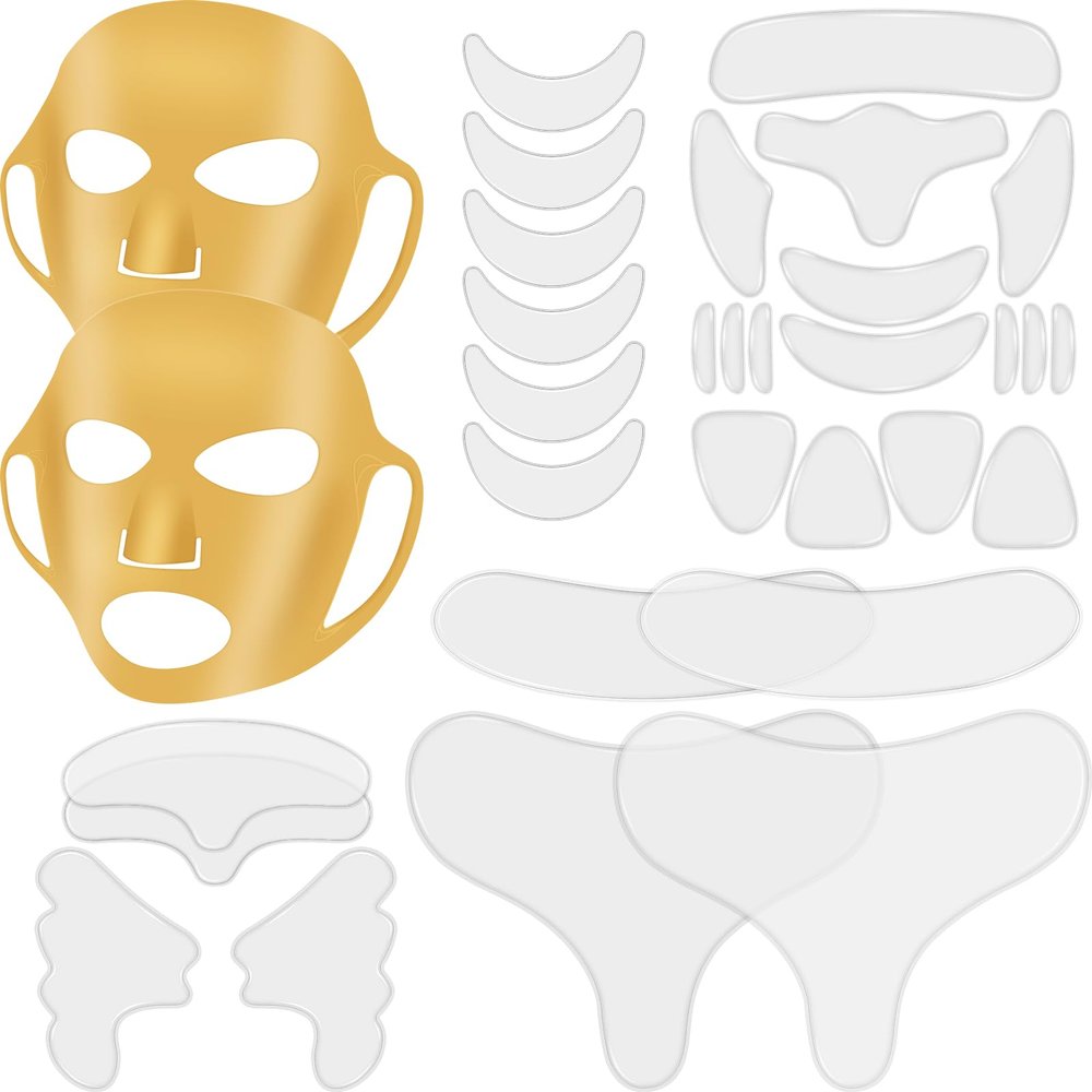 Maitys 32 Pcs Facial Chest Neck Silicone Pad Reusable Face Forehead Patches Facial Sleeping Mask Cover for Smoothing Chest Neck Forehead Eye Mouth (Gold,Gold)