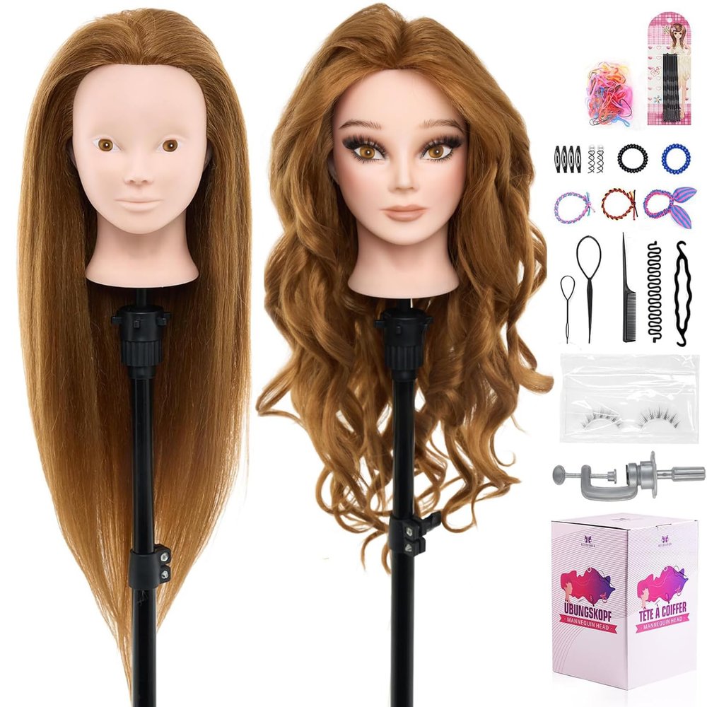 28" Mannequin Head Human Hair - 80% Real Hair Mannequin Head for Makeup Practice, Cosmetology Manikin Doll Head for Hair Styling, Hairdressing Training Head for Braiding #27