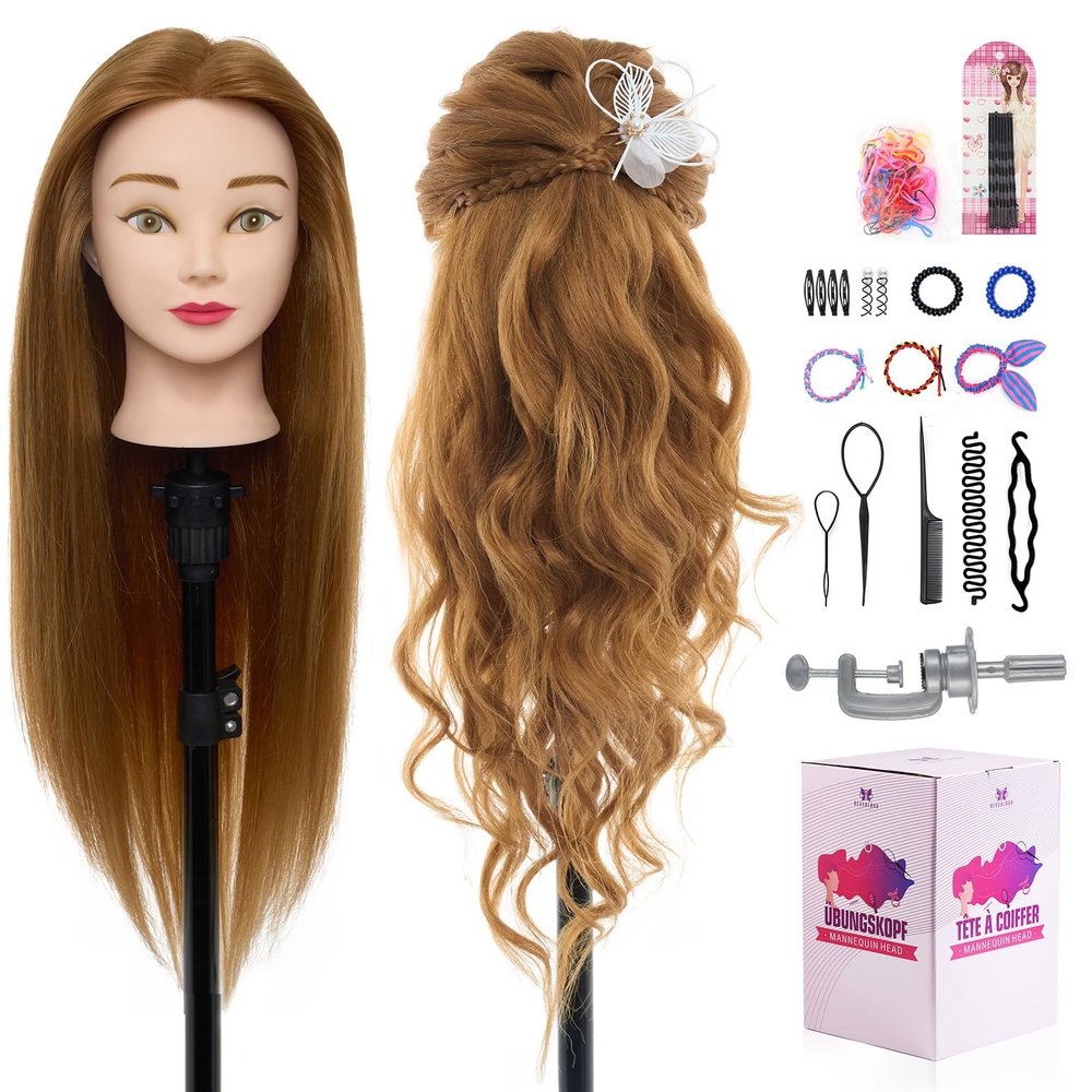 28" Mannequin Head Human Hair - 80% Real Hair Mannequin Head, Cosmetology Manikin Doll Head for Hair Styling, Hairdressing Training Head for Braiding Practice Curling with Table Clamp Styling Set