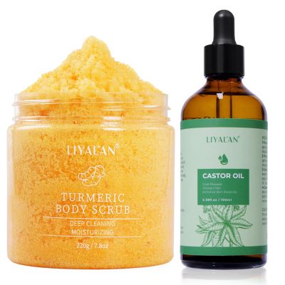 Liyalan Turmeric Body Scrub Moisturizing and Exfoliating & LIYALAN Castor Oil Cold Pressed Hair Care Glass Bottle