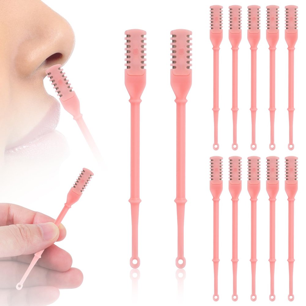 12pcs 2 in 1 Nasal Hair Cutter, 360 Rotating Nose Hair Trimmer for Men Women Double Sided Nose Hair Cleaner with Ear Picker Portable Manual Nostril Hair Removal Tool (Pink)