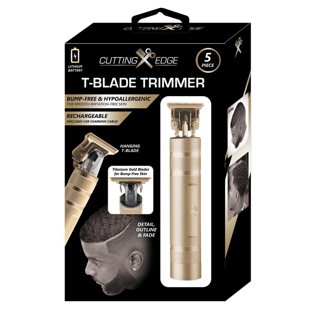 Cutting Edge T-Blade Trimmer for Men, T-Blade Precision Beard Trimmer, Bump Free and Hypoallergenic Titanium Gold Blades, 4 Guide Combs, Rechargeable, Precision Trimmer to Detail, Outline, & Fade