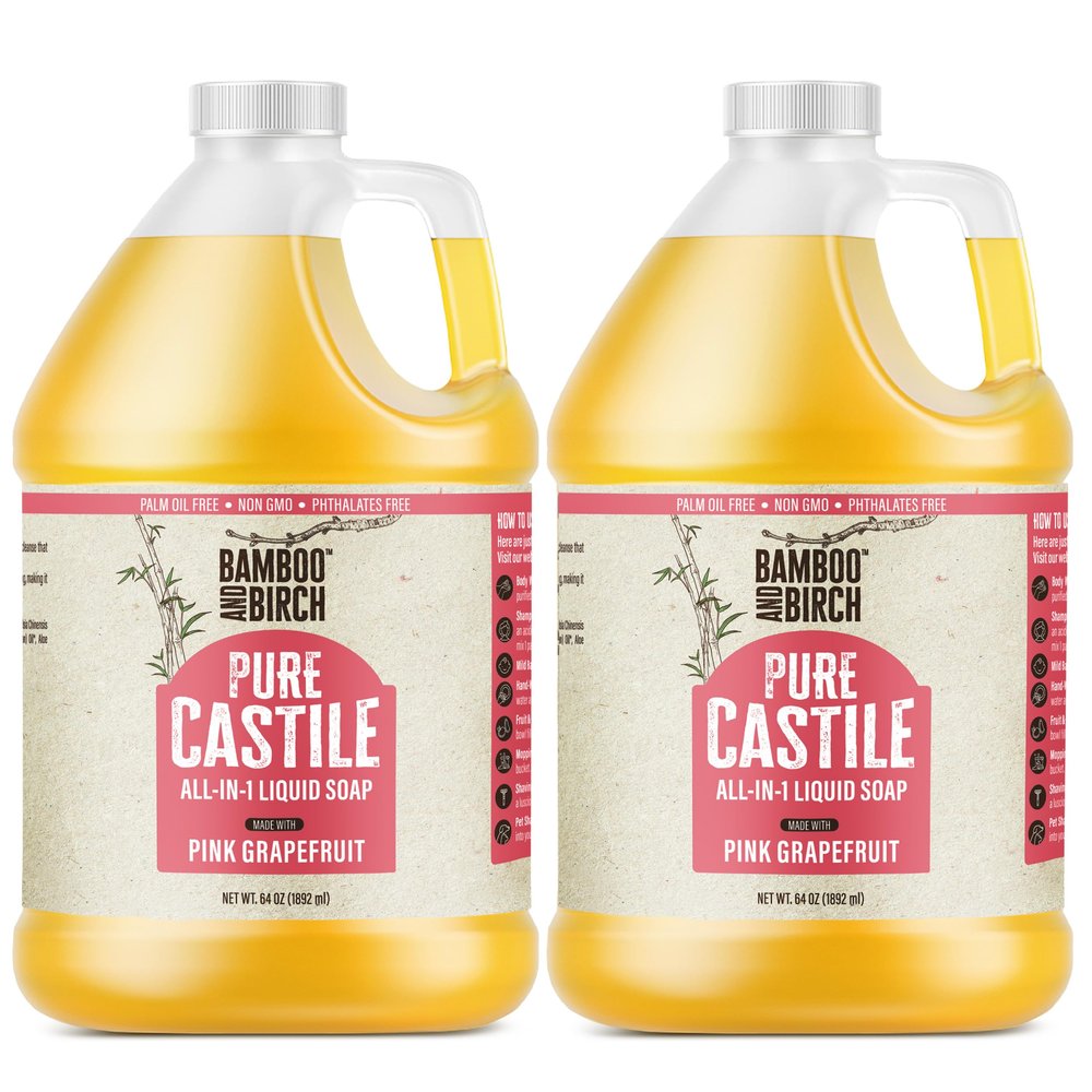 BAMBOO AND BIRCH Pure Castile Soap Liquid, Certified Palm Oil Free Natural Soap, Citrus Grapefruit, 1 Gallon