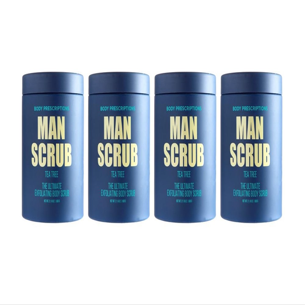 Body Prescriptions Mens Exfoliating Body Scrub  Ultimate Skin Cleansing Wash in Jar with Twist-Top Lid, For All Skin Types, 21 Ounce (Pack of 4), Tea Tree