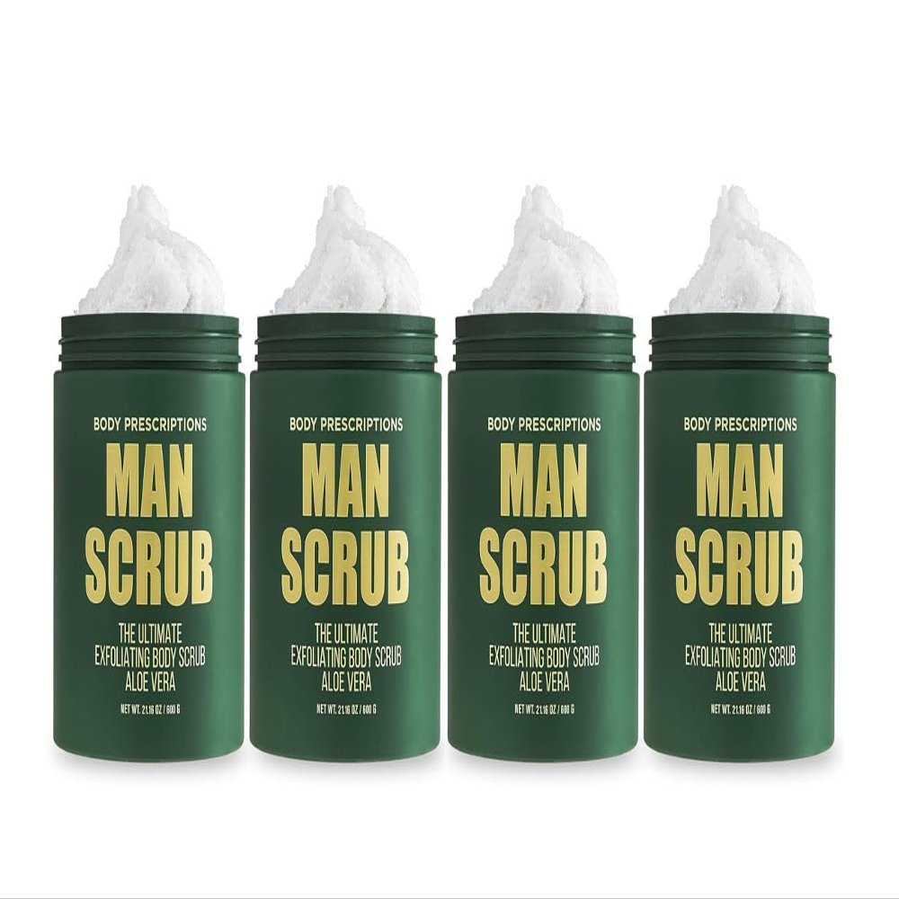 Body Prescriptions Mens Exfoliating Body Scrub  Ultimate Skin Cleansing Wash in Jar with Twist-Top Lid, For All Skin Types, 21 Ounce (Pack of 4), Aloe Vera