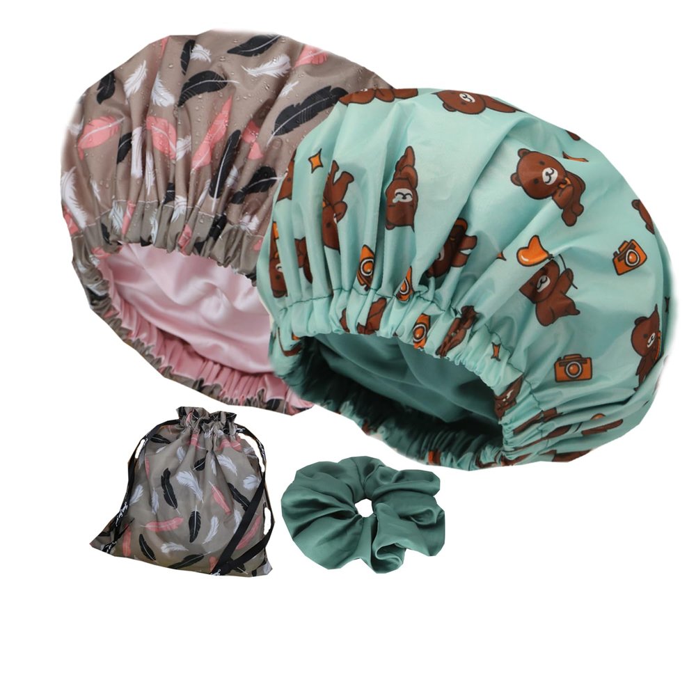 2Pcs Genergy Shower Cap Waterproof, Adjustable Shower Cap for Women Reusable, Luxury Extra Large Shower Caps, Extra Large &Double Layers &Reversible Satin Lined Bonnet(Pink+ Green flower)