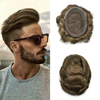 Hair Wonders Toupee For Men Hair Replacement System Real Human Hair Piece For Men Swiss Lace Mens Toupee Hair Pieces Hair System For Men 7x9 100% light to medium density5# MEDIUM LIGHT BROWN