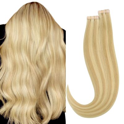 HOTBANANA Tape in Hair Extensions, 12 Inch 40pcs Balayage Light Blonde Highlighted Golden Blonde Human Hair, Straight Tape in Extensions