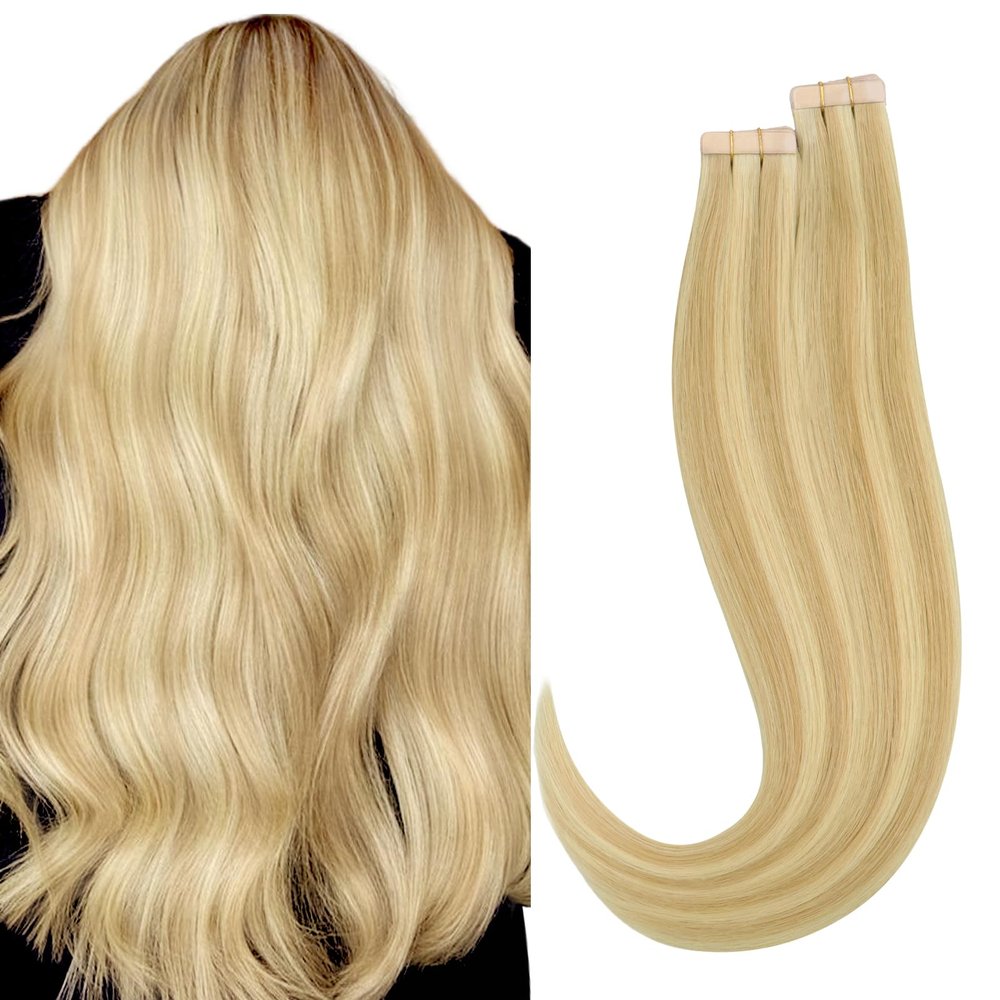 HOTBANANA Tape in Hair Extensions, 12 Inch 40pcs Balayage Light Blonde Highlighted Golden Blonde Human Hair, Straight Tape in Extensions