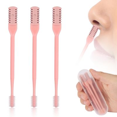PEUTIER 3pcs 2 in 1 Nose Hair Trimmer, 360 Rotating Nasal Hair Cutter Clipper Double Sided Nose Hair Cleaner Portable Manual Nostril Hair Removal Tool with Ear Picker for Men Women (Pink)