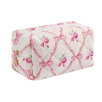 HHQQWZ Travel Makeup Bag, Cosmetic Bag for Women Girls, Floral Flowers Toiletry Organizer, Portable Storage Bag, Pink Bowknot/Gold Zipper