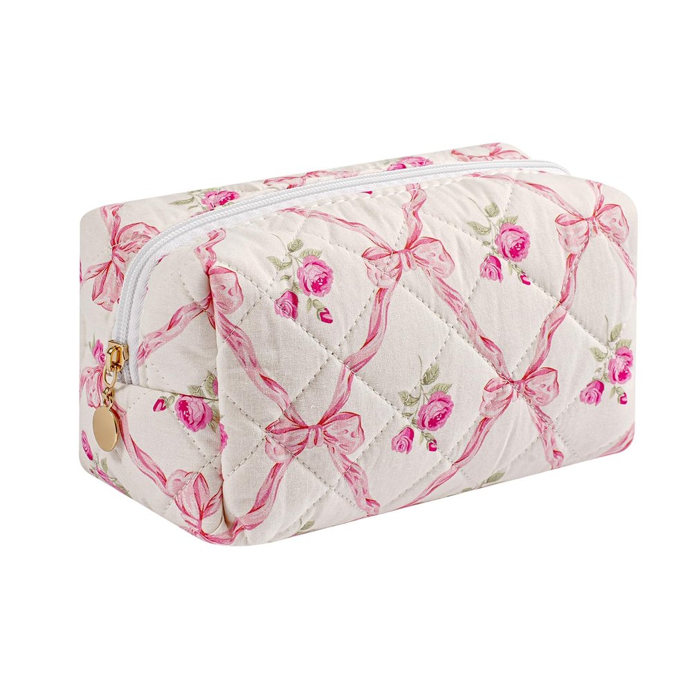 HHQQWZ Travel Makeup Bag, Cosmetic Bag for Women Girls, Floral Flowers Toiletry Organizer, Portable Storage Bag, Pink Bowknot/Gold Zipper