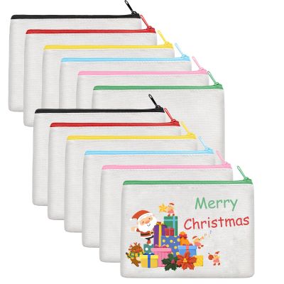 12Pcs Canvas Makeup Bags Bulk, 7.87 x 5.7 Inch Cotton Sublimation Blank DIY Heat Transfer Cosmetic Bag w/Colorful Zipper for Bridesmaid Makeup Bag Travel Toiletry Pouch Storage, Christmas Craft