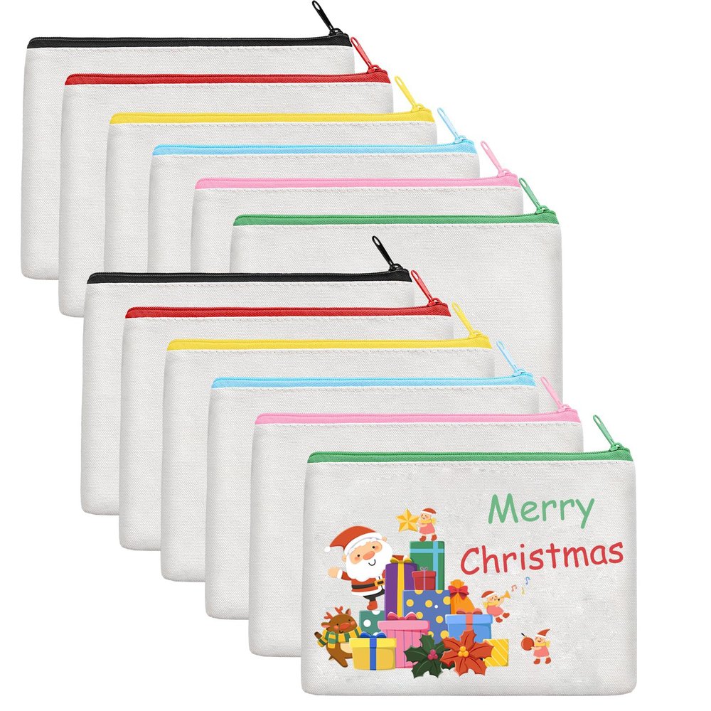 12Pcs Canvas Makeup Bags Bulk, 7.87 x 5.7 Inch Cotton Sublimation Blank DIY Heat Transfer Cosmetic Bag w/Colorful Zipper for Bridesmaid Makeup Bag Travel Toiletry Pouch Storage, Christmas Craft