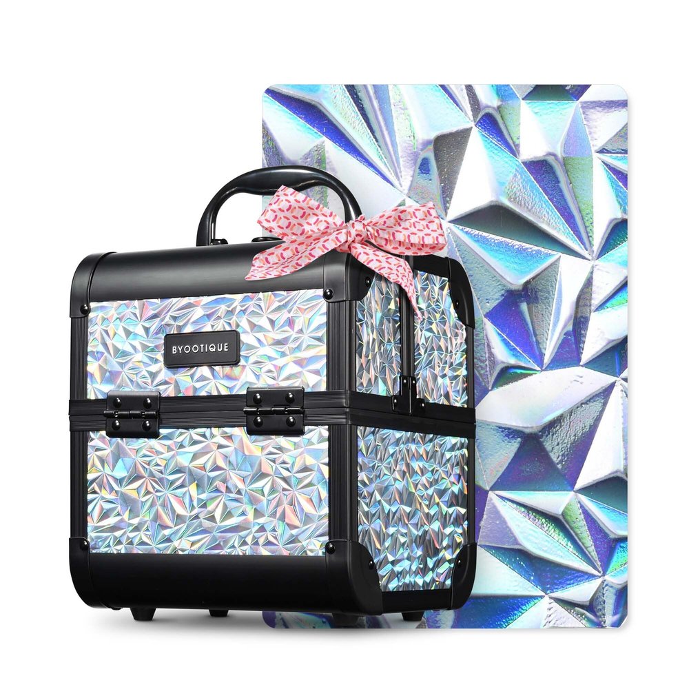 BYOOTIQUE Professional Makeup Train Case with Mirror 2-Tier Trays Nail Box Organizer Case Jewelry Storage box for Nail Tech Beauty Salon Barbershop Traveling,Mermaid Silver
