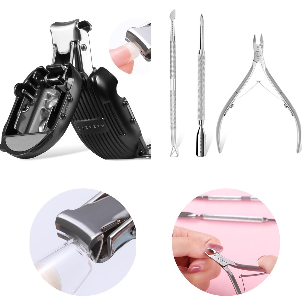 Makartt Cuticle Trimmer with Cuticle Pusher, Silver Nail Trimmer Nail Care Bundle with Nail Clipper Foldable Nail Cutter Black Nail Clippers Mini Fingernail Clipper with Keyring