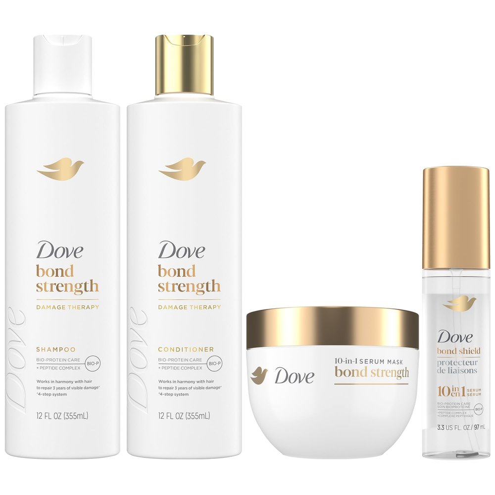 Dove Bond Strength, Damage Therapy System Shampoo, Conditioner, 10-in-1 Shield Serum & Peptide Mask, Hair Repair Treatment, Anti-Frizz (4 Piece Set)