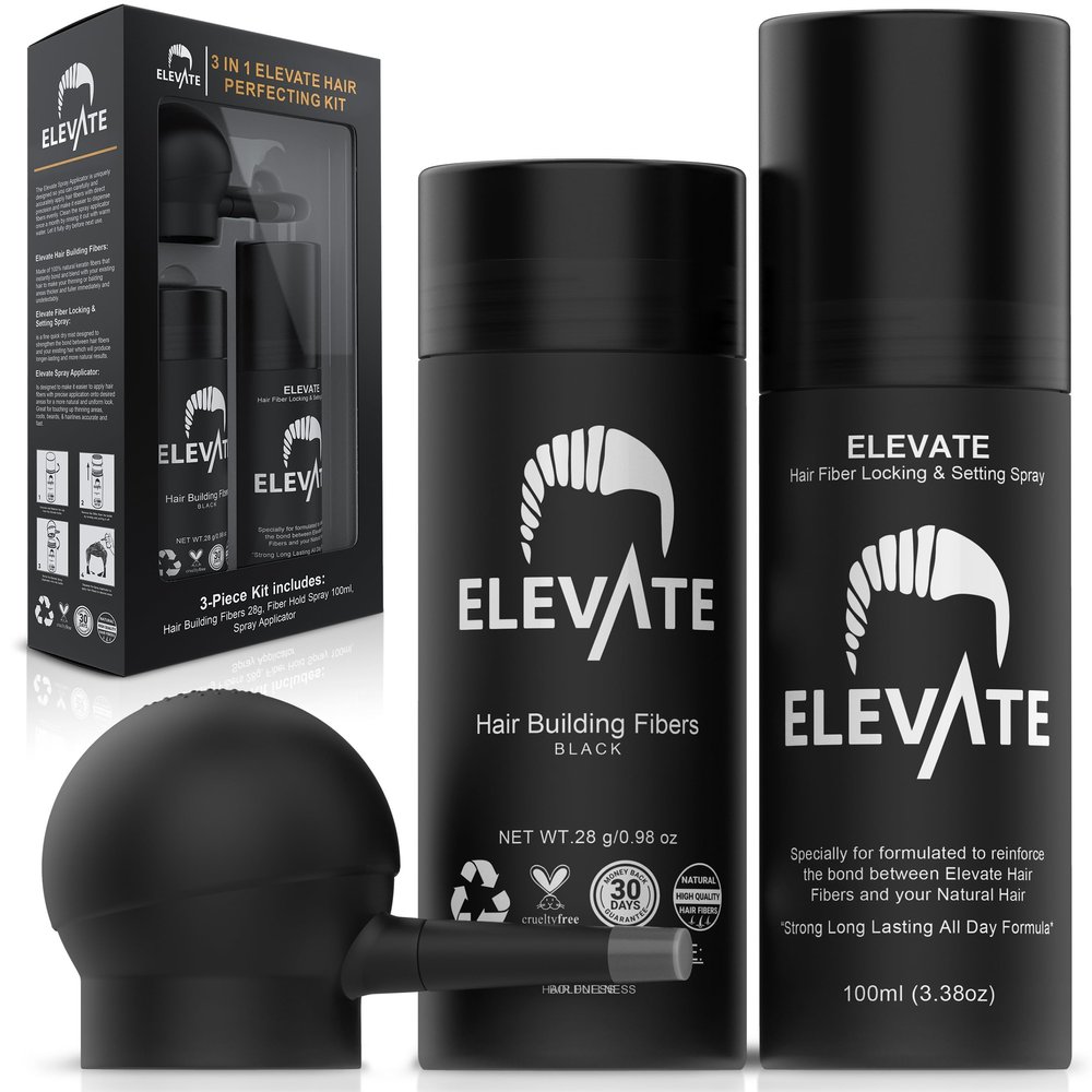 ELEVATE Hair Perfecting 3-in-1 Kit Set Includes Natural Hair Thickening Fibers & Spray Applicator Pump Nozzle & Locking Setting Hold Spray | Instantly Conceal Balding and Thinning Areas (Black)